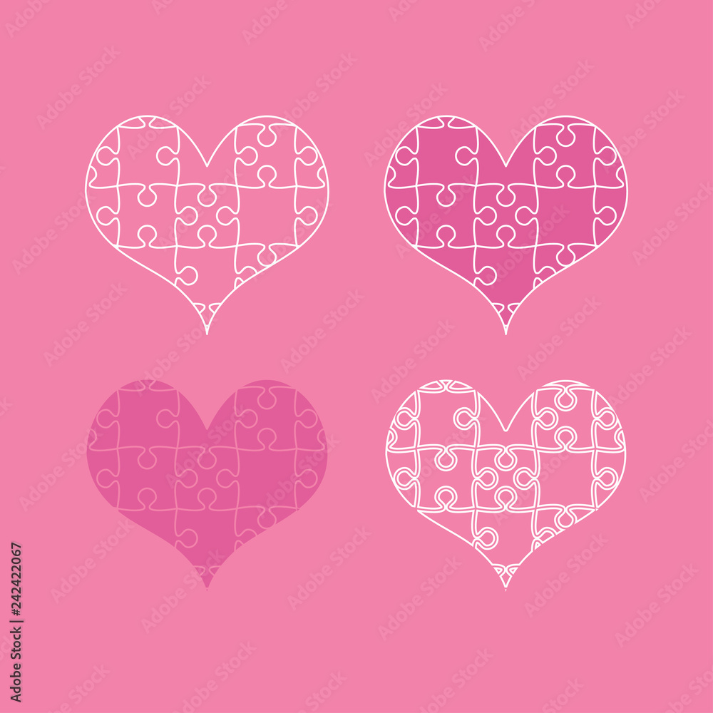 Set pink pieces puzzle hearts jigsaw Valentine Day