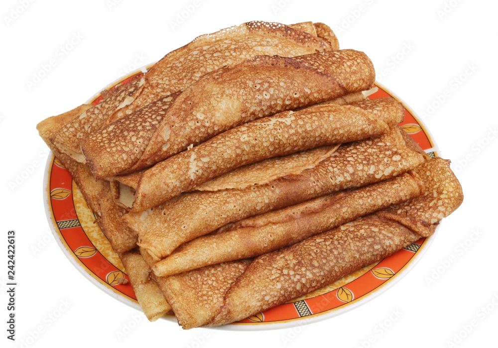 Plate with fried pancakes in rural style isolated Plate with fried pancakes in rural style isolated