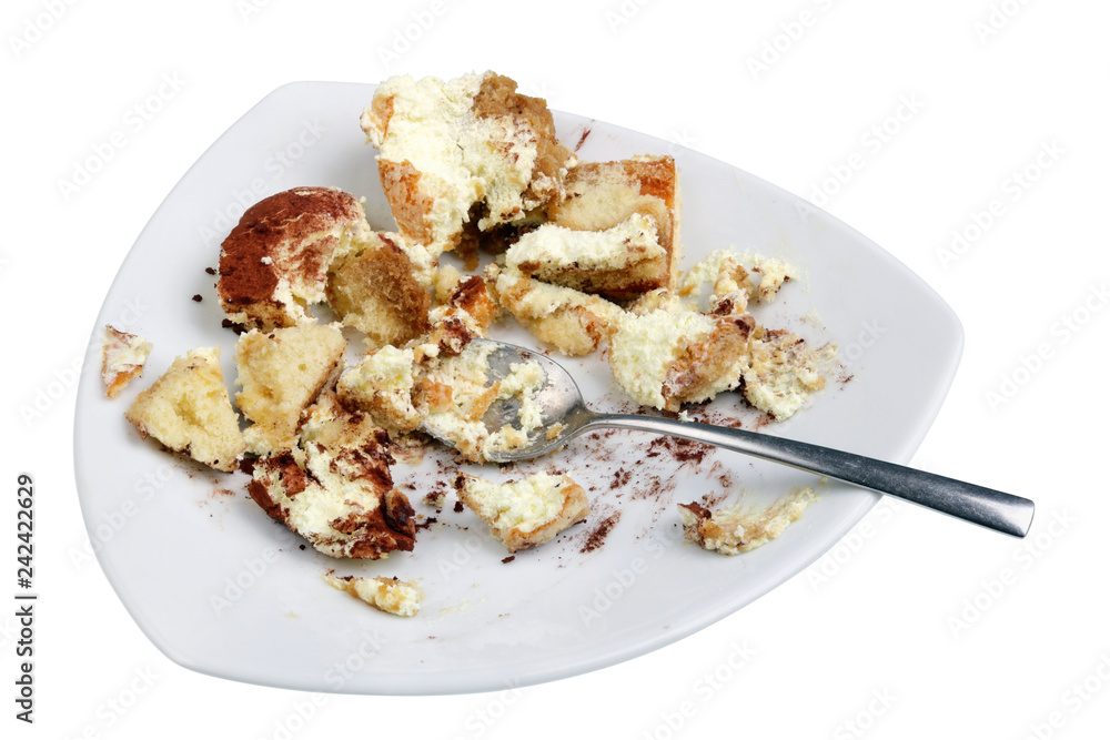Ταπετσαρία Scraps and remains from New Year's dessert of tiramisu on a white plate isolated