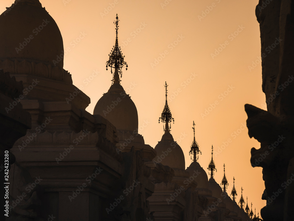 Silhouette of Kuthodaw Pagoda Buddhist stupa located in Mandalay Art Architecture Travel