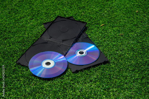 The CD-R or DVD-R with the black plastic covers on the green grass.