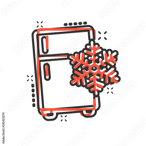 Fridge refrigerator icon in comic style. Freezer container vector cartoon illustration pictogram. Fridge business concept splash effect.