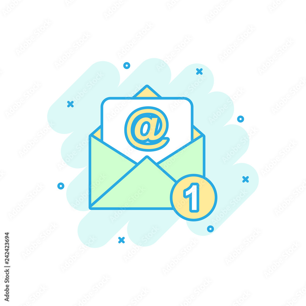 Mail envelope icon in comic style. Email message vector cartoon illustration pictogram. Mailbox e-mail business concept splash effect. Mail envelope icon in comic style. Email message vector cartoon illustration pictogram. Mailbox e-mail business concept splash effect.