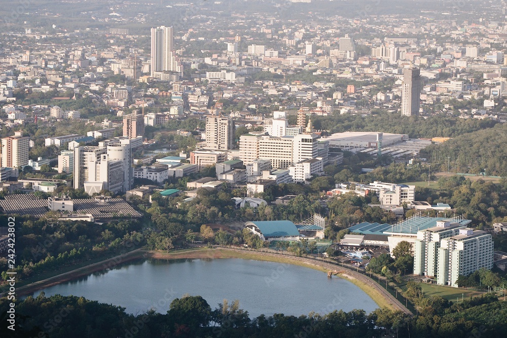 Cityscape view in morning time, scene of Kho hong Hill in Hatyai city, Songkla, Thailand. 