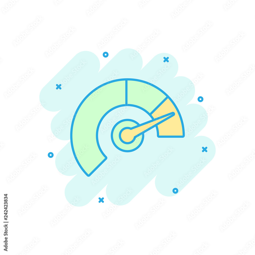 Meter dashboard icon in comic style. Credit score indicator level vector cartoon illustration pictogram. Gauges with measure scale business concept splash effect. Meter dashboard icon in comic style. Credit score indicator level vector cartoon illustration pictogram. Gauges with measure scale business concept splash effect.