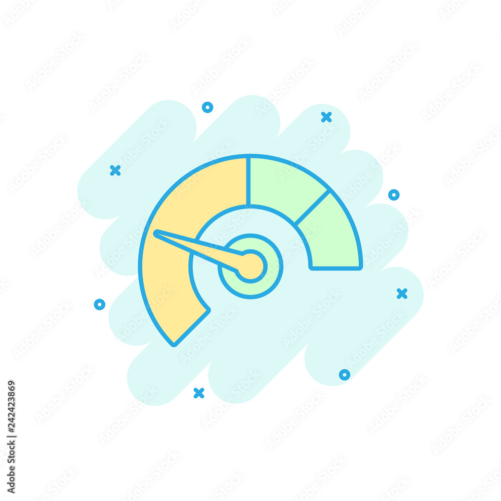 Meter dashboard icon in comic style. Credit score indicator level vector cartoon illustration pictogram. Gauges with measure scale business concept splash effect. Meter dashboard icon in comic style. Credit score indicator level vector cartoon illustration pictogram. Gauges with measure scale business concept splash effect.