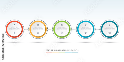 Vector timeline infographic template of 5 circles. Can be used for web design, diagram, step options, chart, graph, business presentation.