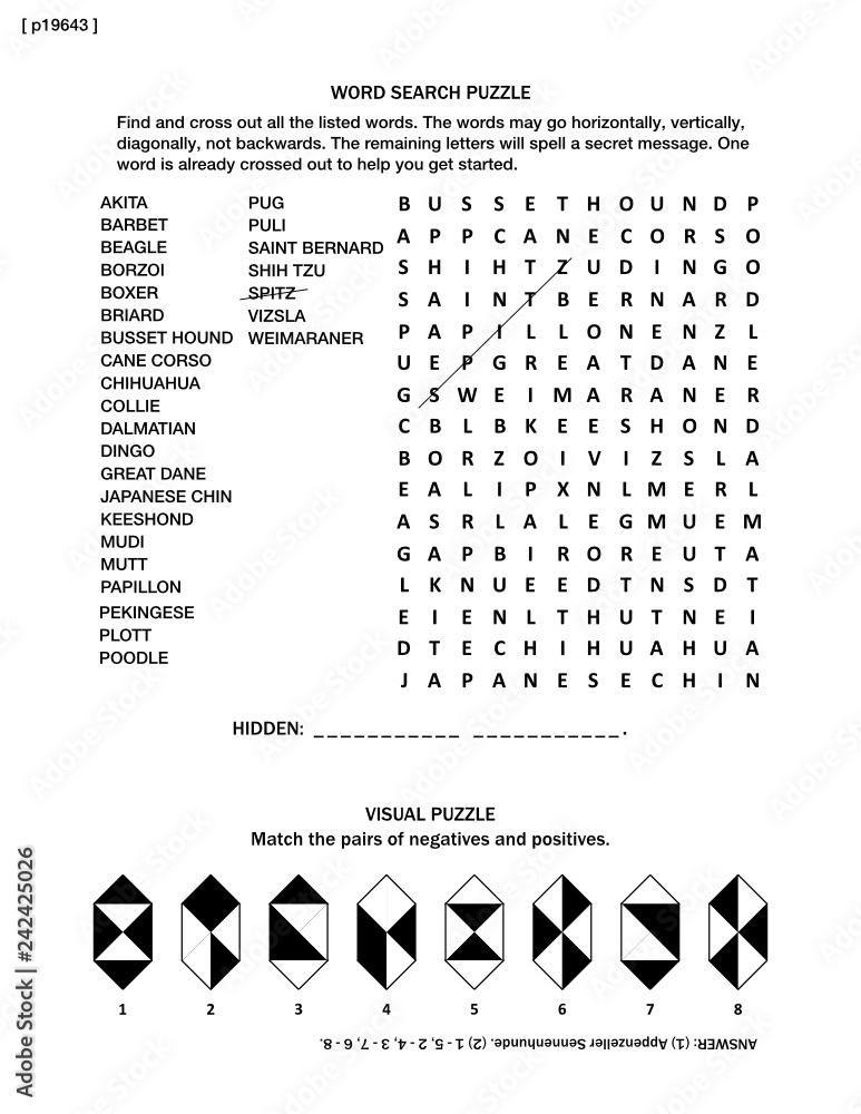 Puzzle page with two brain games: dogs themed word search puzzle (English  language) and visual puzzle. Black and white, A4 or letter sized. Answer  included. Stock Vector | Adobe Stock