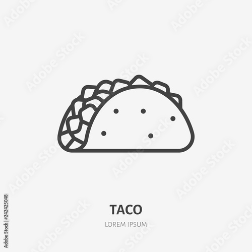 Taco flat line icon. Vector thin sign of mexican food. traditional meal wrap in tortilla illustration