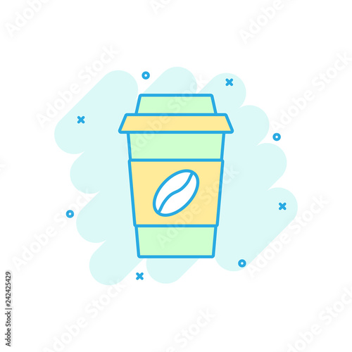 Coffee, tea cup icon in comic style. Coffee mug vector cartoon illustration pictogram. Drink business concept splash effect.