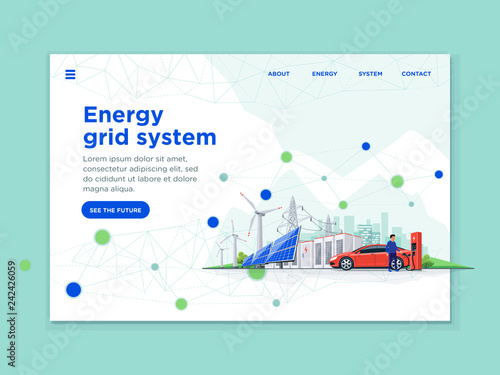 Landing page template of connected renewable energy blockchain. Electric car, solar panels, wind turbines, battery storage, high voltage power grid, city. Flat vector concept of web design or website.