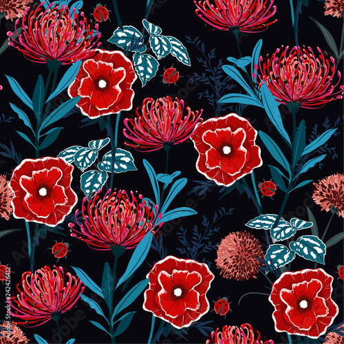 Wallpaper Mural Dark garden night  Seamless Pattern botanical  red flowers, Isolated on colorful Floral  Decoration vector Texture. hand drawn  Style Design for Fabric Print, Torontodigital.ca