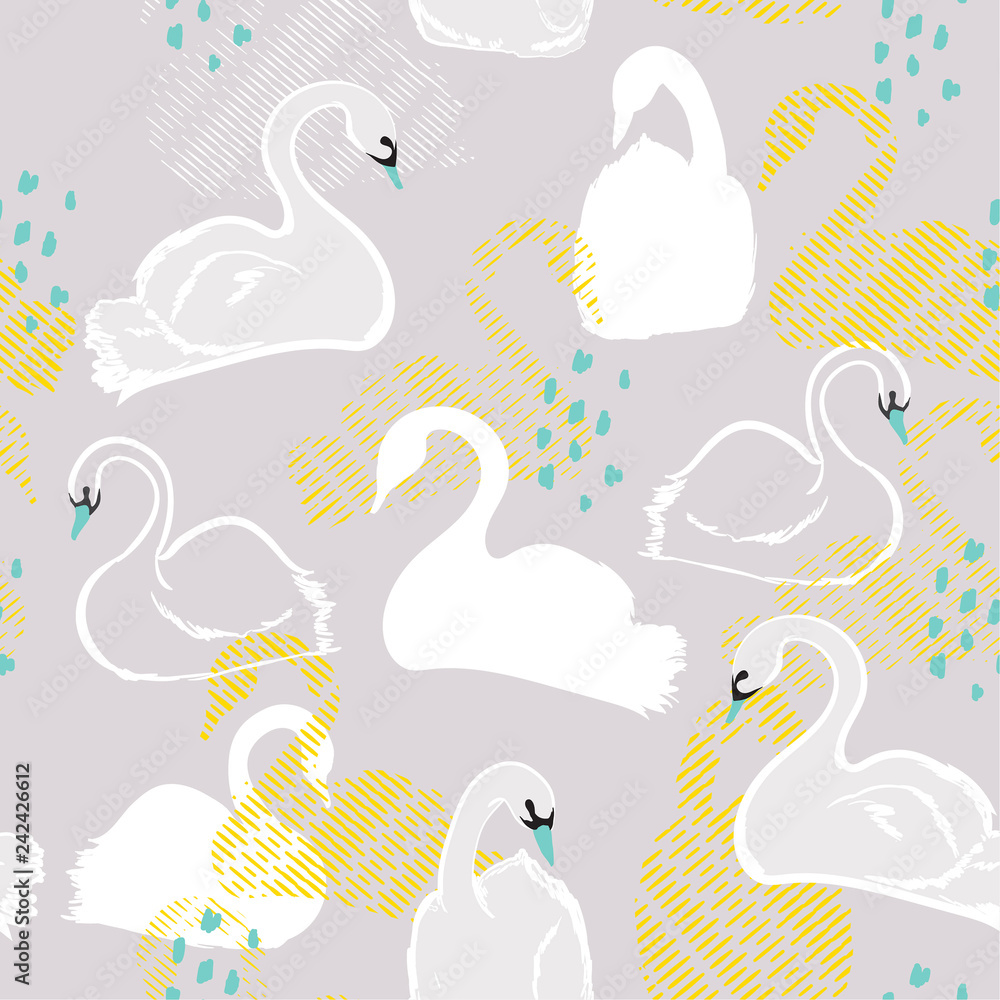 Seamless pattern with white swan princess. Creative hand drawn style on light grey background. Perfect for all prints