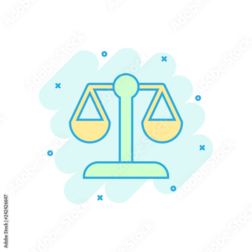 Scale comparison icon in comic style. Balance weight vector cartoon illustration pictogram. Scale compare business concept splash effect.