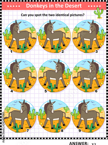 Visual logic puzzle with donkeys, or burros: Can you find the two identical pictures? Answer included.
