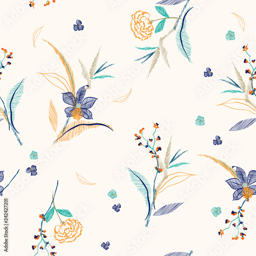 Line Sketch and drawing embroidery flowers and leaves ,seamless pattern vector for fashion prints,fabric and all prints