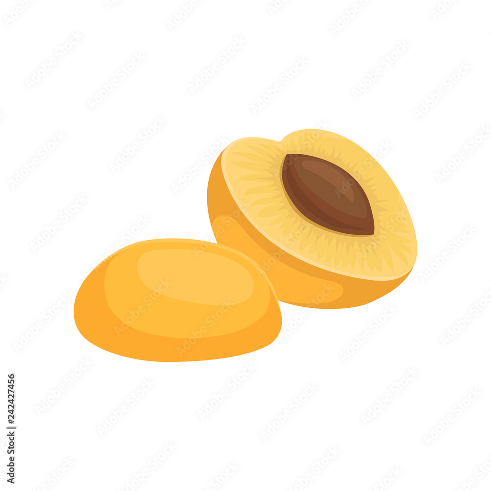 Half of apricot with bone and small slice. Ripe summer fruit. Healthy nutrition. Natural food. Flat vector icon Half of apricot with bone and small slice. Ripe summer fruit. Healthy nutrition. Natural food. Flat vector icon