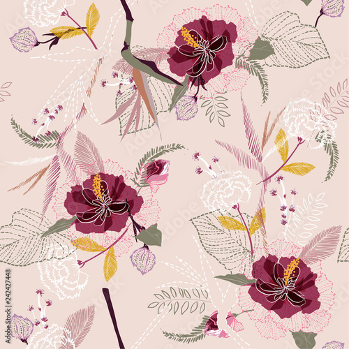 Beautiful Vintage artistic tropical flower pattern on sketch line dash seamless pattern vector