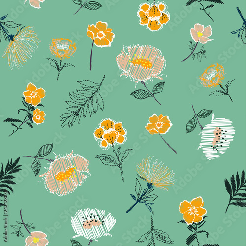 Sweet pastel Seamless pattern Vector Embroidery trend floral with branch of tropical bloomong flowers.For fashion,fabirc and all prints photo