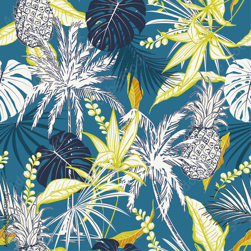 Summer colorful  tropical forest  leaves and tress  hand drawn style seamless pattern vector for fashion fabric , wallpaper, and all prints