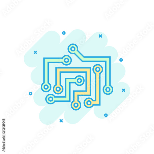Fototapeta Naklejka Na Ścianę i Meble -  Circuit board icon in comic style. Technology microchip vector cartoon illustration pictogram. Processor motherboard business concept splash effect.