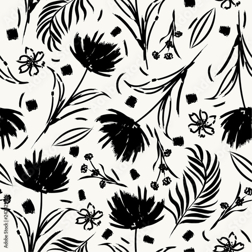 Black and whie Silhouette flower moderrn style Hand brush painting seamless pattern vector for fashion fabric,and all prints photo