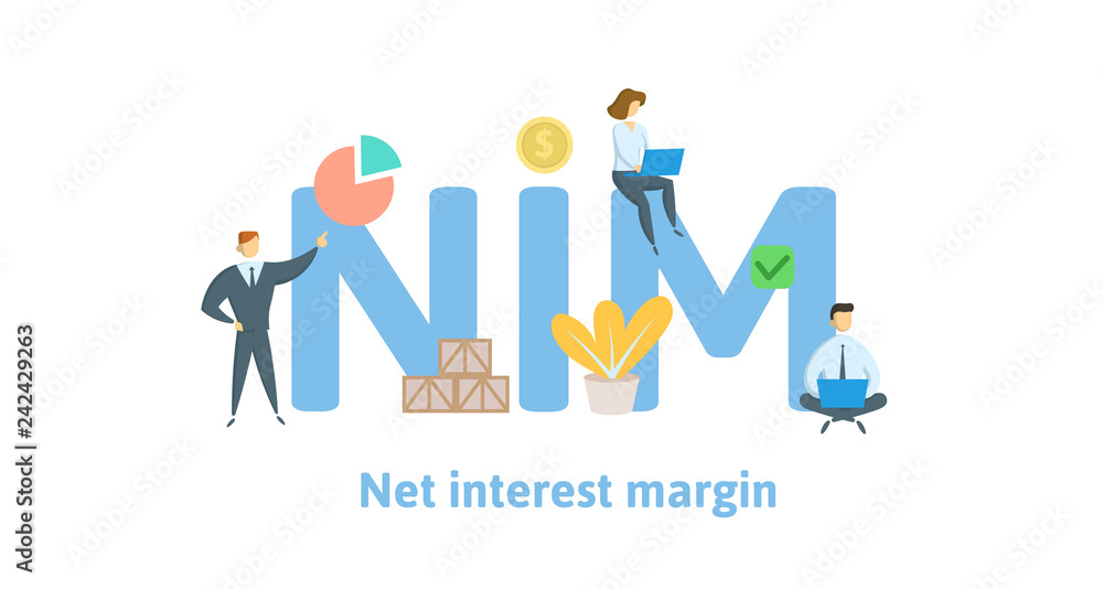 NIM, Net Interest Margin. Concept with keywords, letters and icons. Colored flat vector illustration. Isolated on white background.