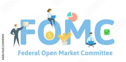 FOMC, Federal Open Market Committee. Concept with keywords, letters and icons. Colored flat vector illustration. Isolated on white background.