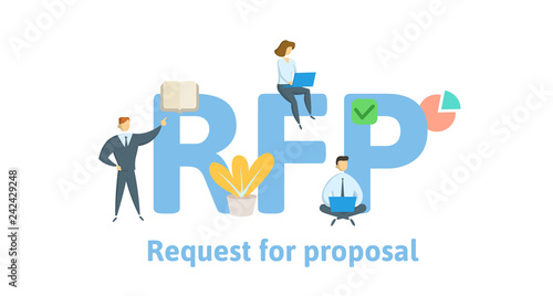 RFP, Request For Proposal. Concept with keywords, letters and icons. Colored flat vector illustration. Isolated on white background.