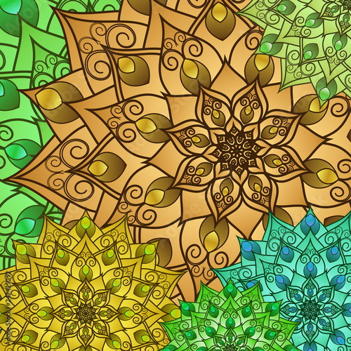 Floral geometric pattern of drawing mandala. Bright decorative multicolored background for your design. For fabric, bandanas, pillowcases with a print. Vector graphics