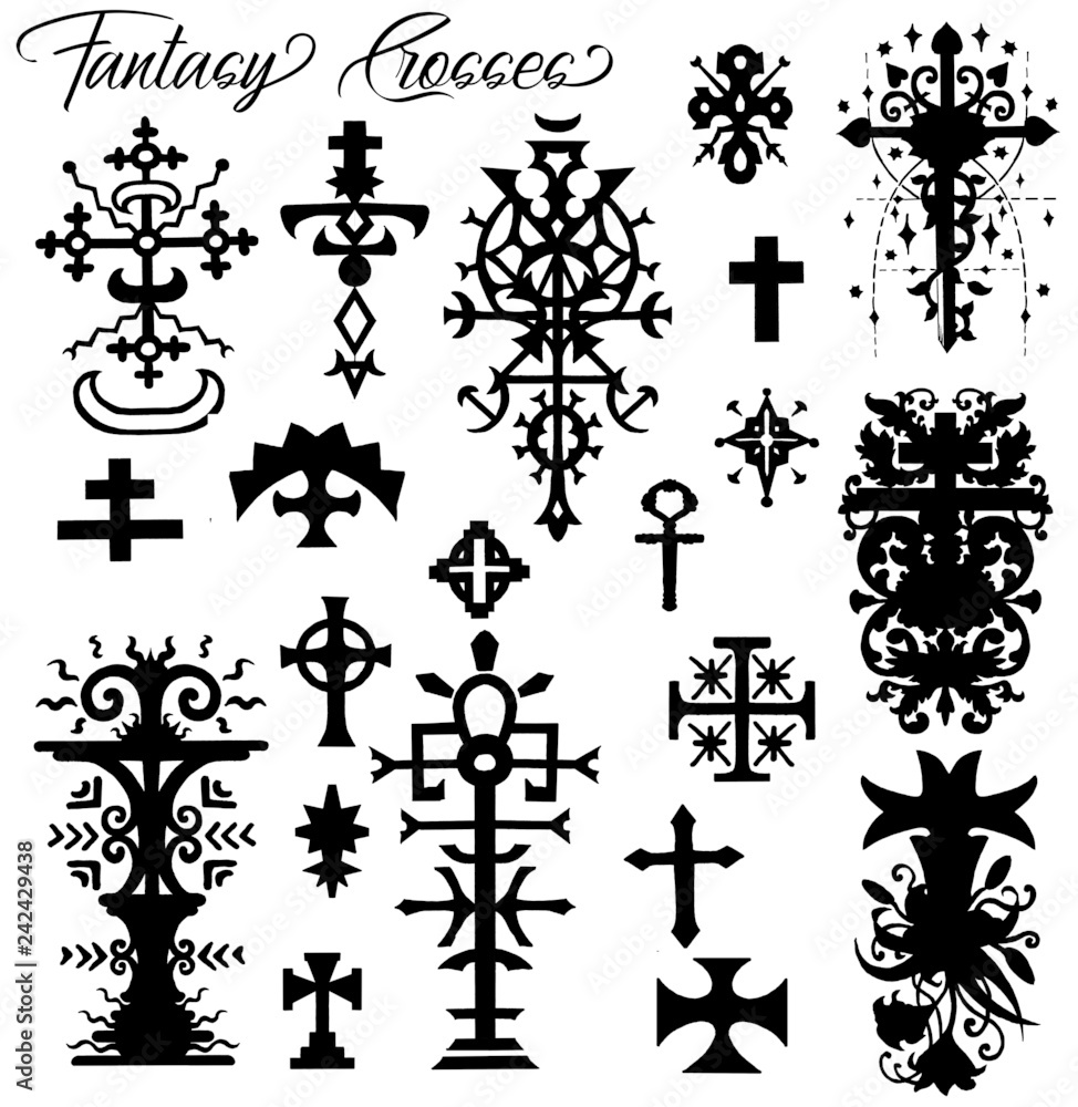 Design set with black silhouettes of fantasy crosses on white. Vintage  decorative religious illustration, old gothic graphic symbols, abstract  drawing Stock Illustration | Adobe Stock