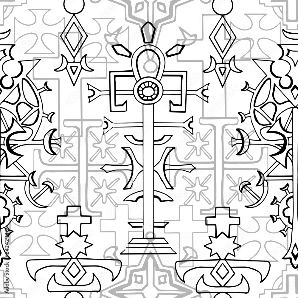Seamless pattern with fantasy crosses and sacred geometry emblems on white. Fantasy decorative illustration, vector gothic symbols, occult abstract background