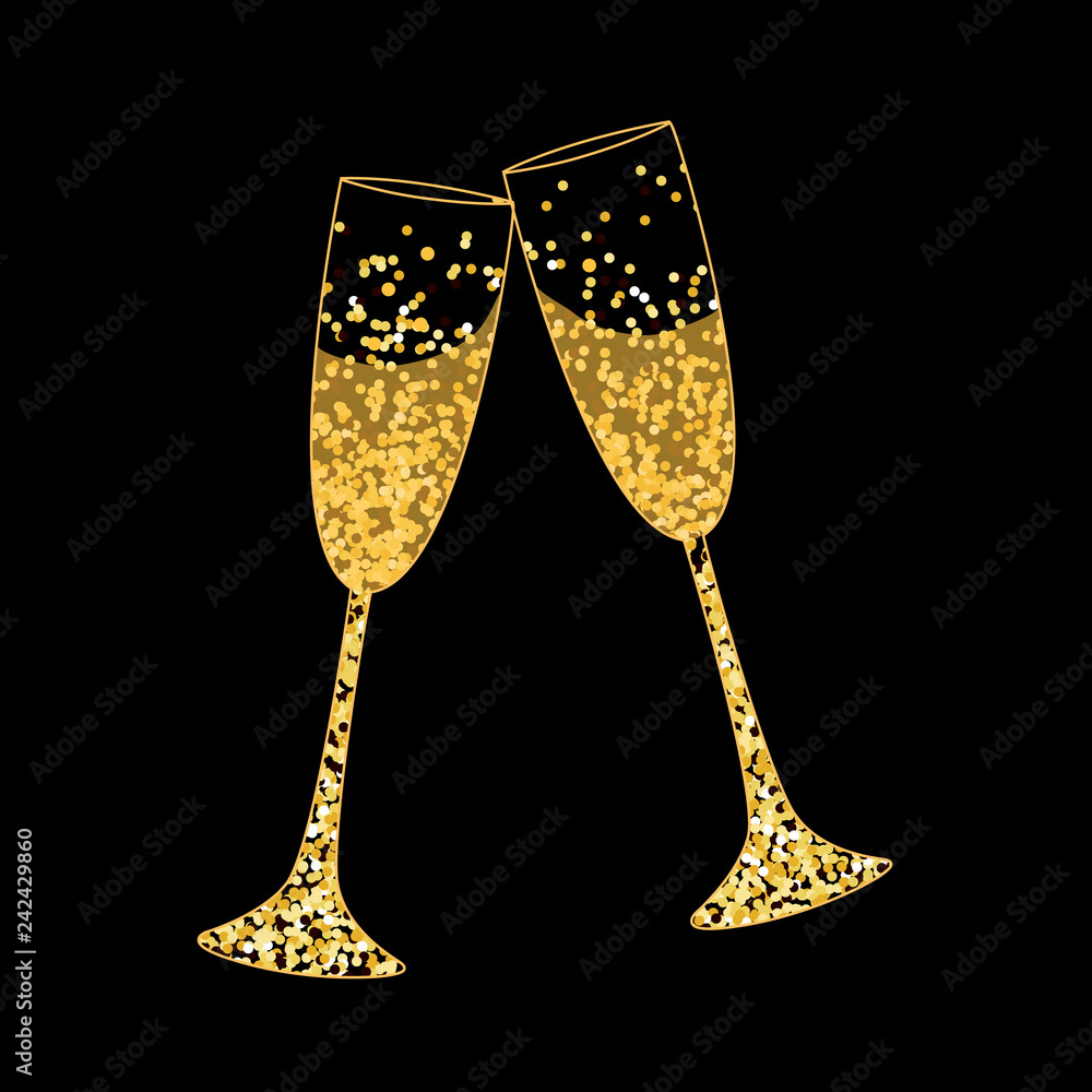 Champagne Glasses Golden Confetti Effect Vector Illustration