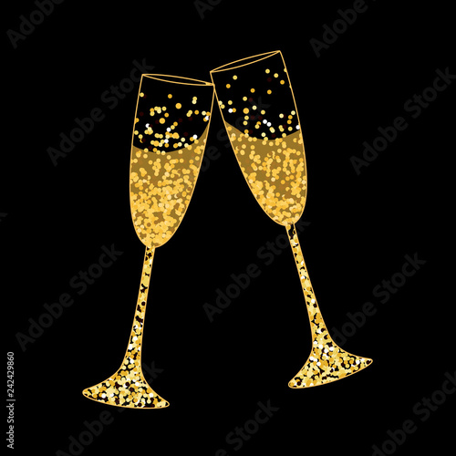 Champagne Glasses - Golden Confetti Effect - Vector Illustration - Isolated On Black Background