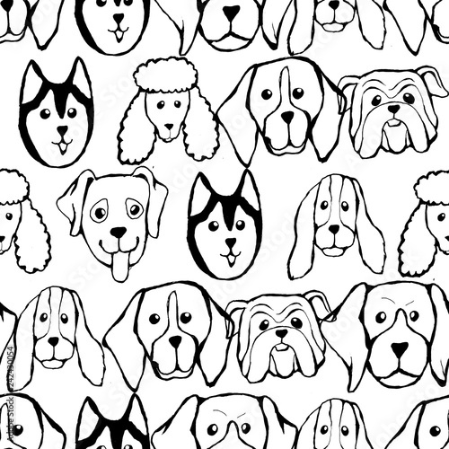 Seamless pattern with Dog breeds. Bulldog, Husky, Alaskan Malamute, Retriever, Doberman, Poodle, Pug, Shar Pei, Dalmatian