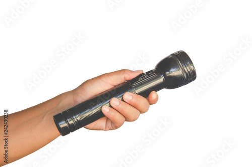 Hand holding black flashlight isolated on white background - concepts of searching and direction. Clipping path inside.