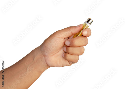 hand holding a yellow lighter isolated on white background.