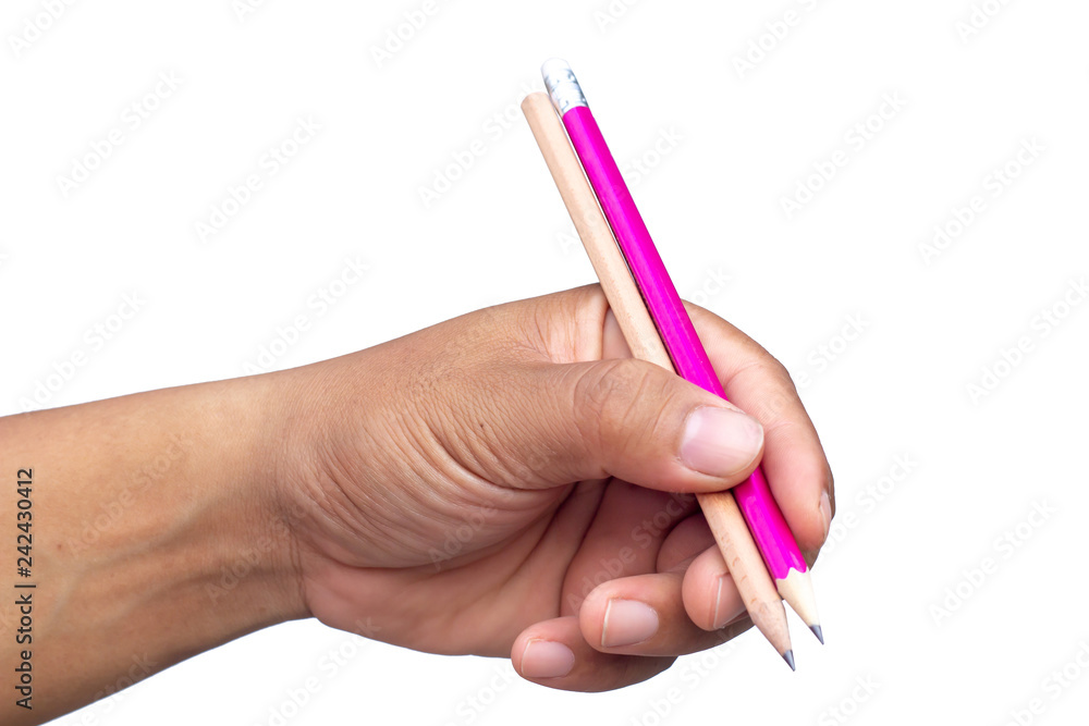 Two pencil in female hand on white background, isolate, inside clipping path. Two pencil in female hand on white background, isolate, inside clipping path.