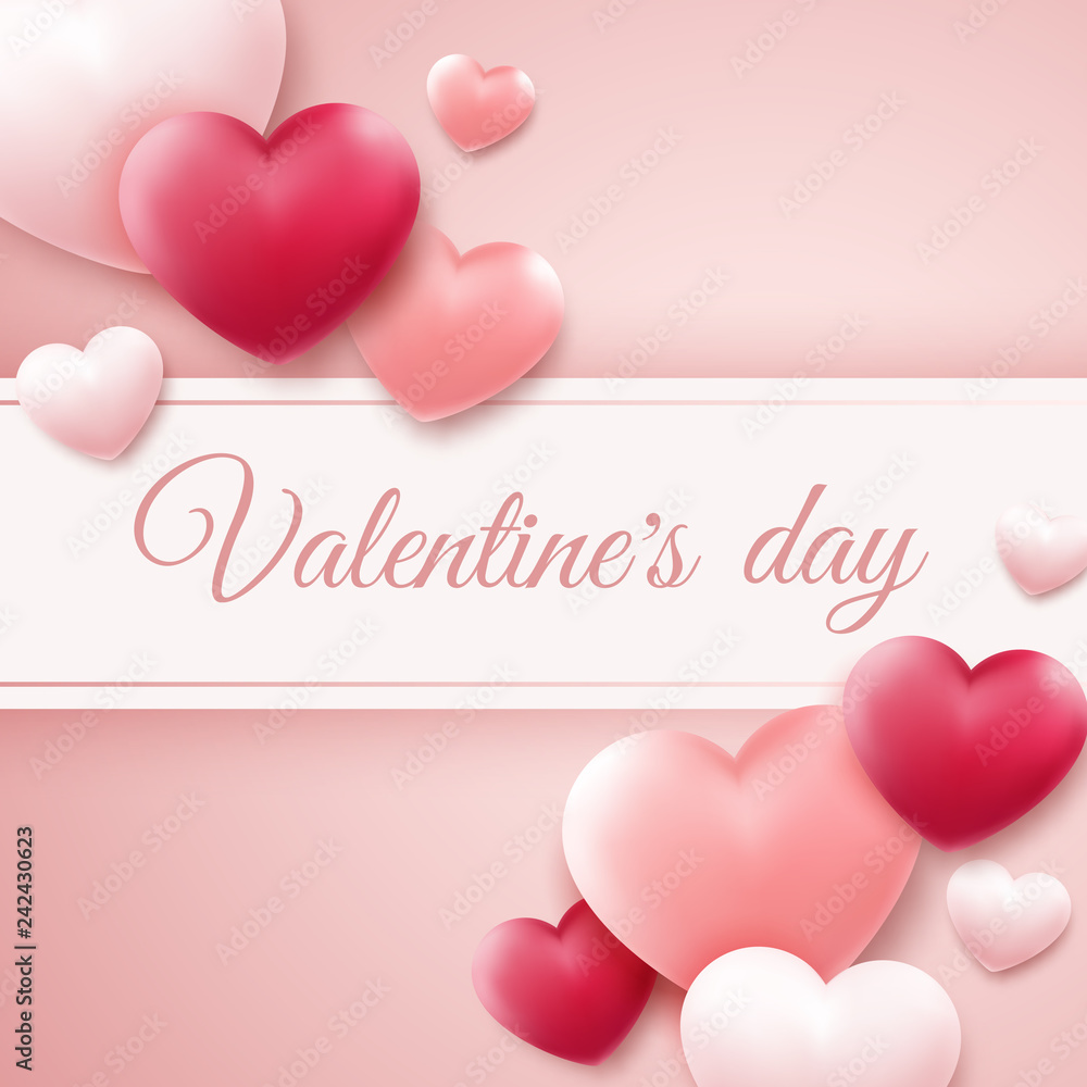Valentines Day background with red, pink hearts and place for text. Holiday card illustration on light background Valentines Day background with red, pink hearts and place for text. Holiday card illustration on light background