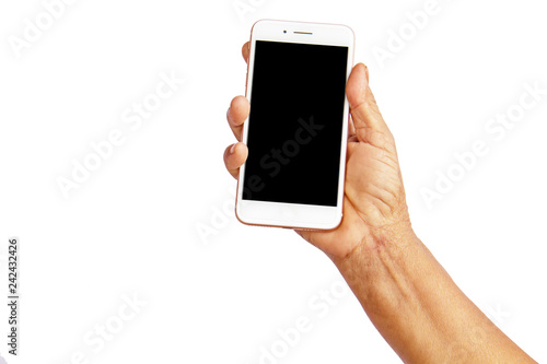 Old woman's hand holding smart phone on white background, isolate, clipping path