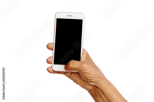 Old woman's hand holding smart phone on white background, isolate, clipping path.