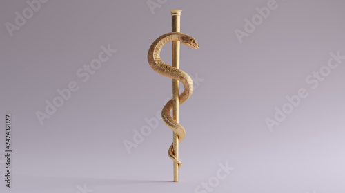 Gold Medical Serpent Symbol Rod of Asclepius  3d illustrations photo
