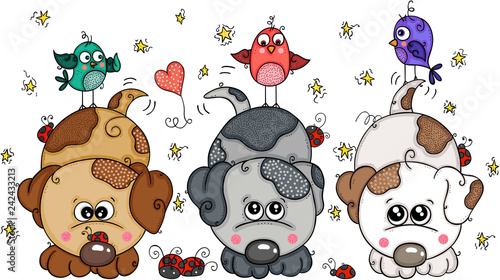 Cute three dogs with three little birds
