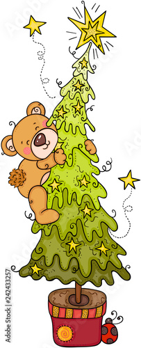 Teddy bear climbing Christmas pine tree
