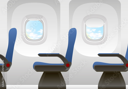 Airplane cabin with passenger seats and portholes, vector illustration. Interior of aircraft
