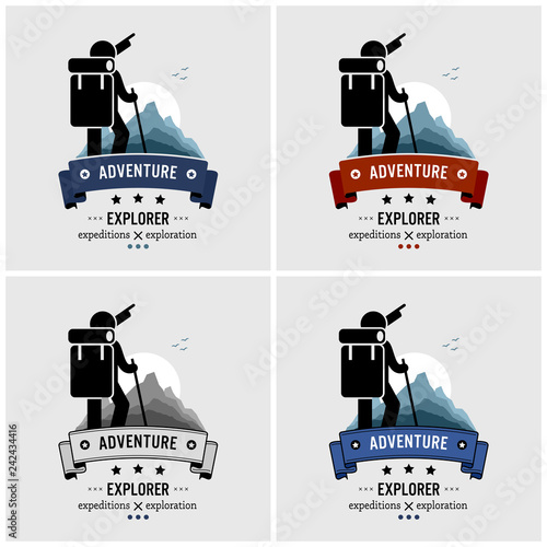 Explorer backpacker adventure logo design.  Vector artwork for expedition, exploration, and mountain hiking.