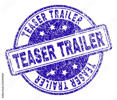 TEASER TRAILER stamp seal imprint with grunge texture. Designed with rounded rectangles and circles. Blue vector rubber print of TEASER TRAILER caption with scratched texture.