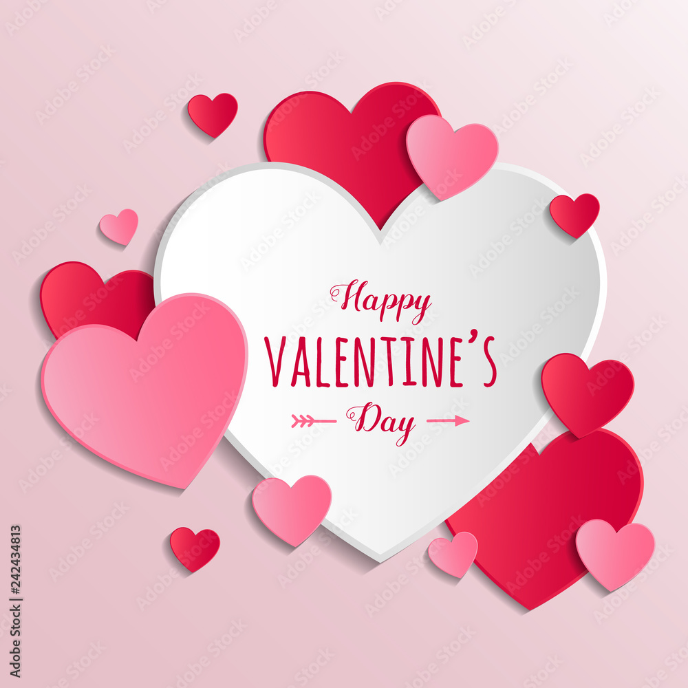 Concept of Valentine's Day greeting card with paper hearts. Vector