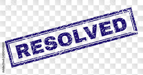 RESOLVED stamp seal watermark with rubber print style and double framed rectangle shape. Stamp is placed on a transparent background. Blue vector rubber print of RESOLVED title with unclean texture.
