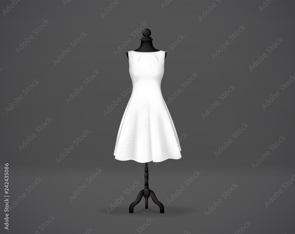 Vetor de Women s white basic dress mockup on mannequin. Festive
